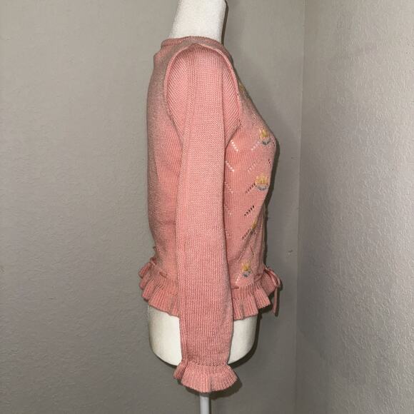 VTG Berries Sweater Women's Large Pink Floral Embroidered Acrylic Peplum Hem - Picture 3 of 10